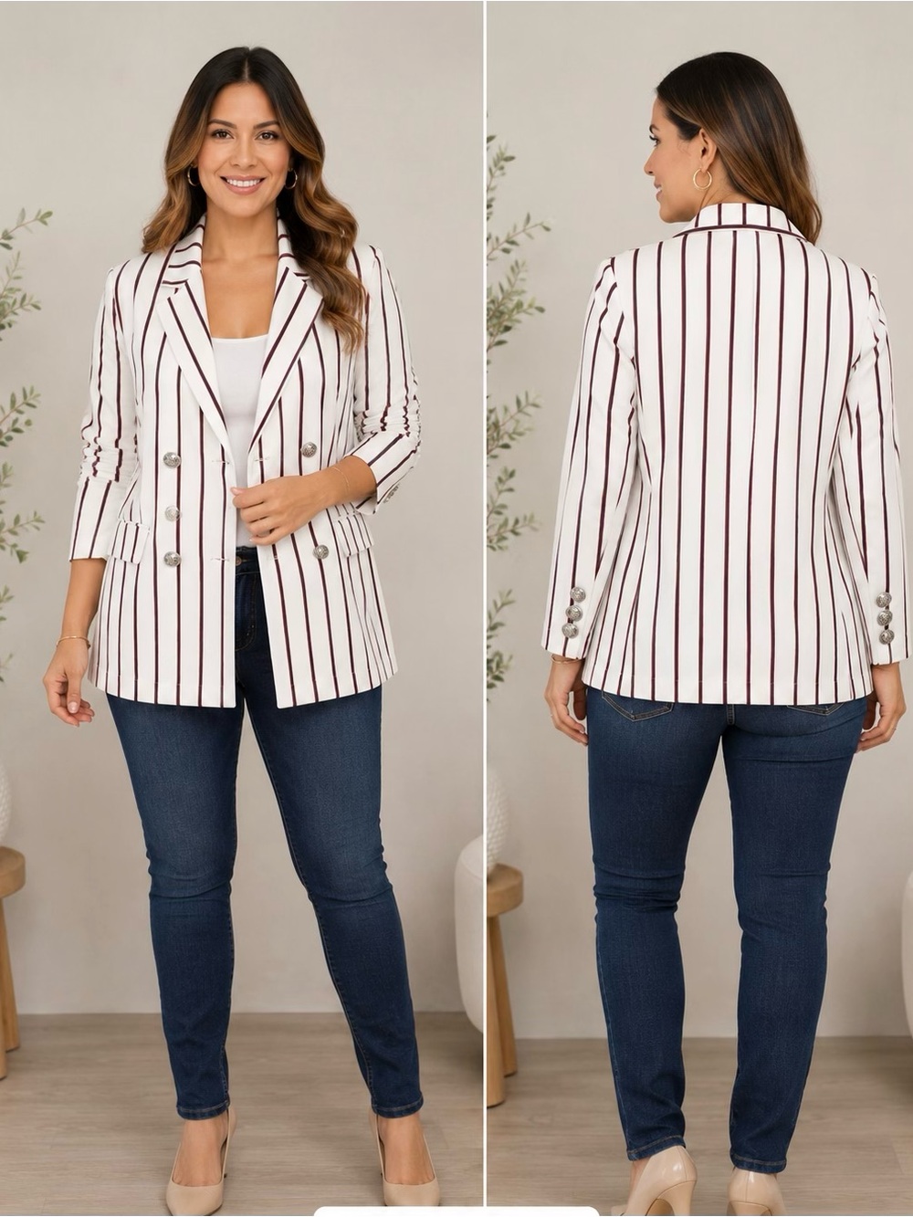 Forever 21 White Blazer with Burgundy Stripes - Double-Breasted New